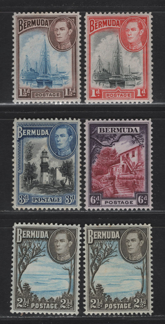 Lot 390 Bermuda SG#110, 111c, 1104a, 113c, 114a 1d - 3d Black & Red - Bright Blue & Sepia Black Ships - St David's Lighthouse, 1936-1952 KGVI Pictorial Issue, 6 VFNH Singles, Comb Perf Printings 11.9x11.75