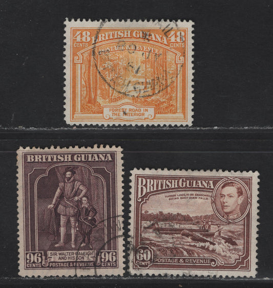 Lot 391 British Guiana SG#314a, 315, 316a 60c - 96c Red Brown - Purple Forest Road - Sir Walter Raleigh, 1938-1952 KGVI Pictorial Issue, 3 Fine/Very Fine Used Singles, Perf 12.5x13.5