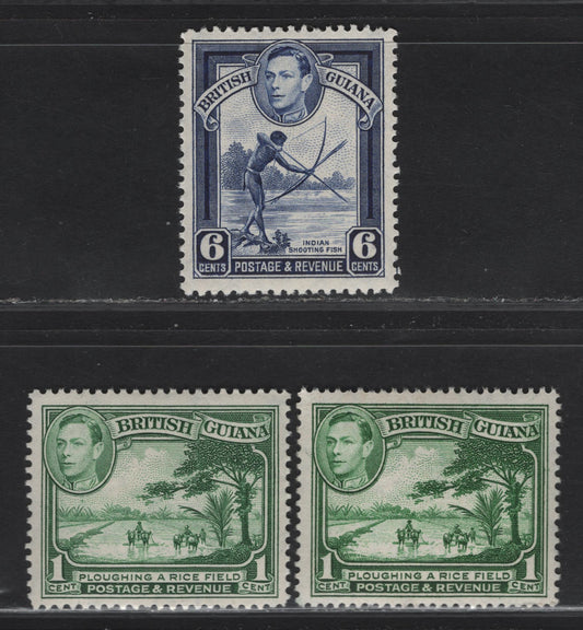 Lot 394 British Guiana SG#308a-b, 311 1c - 6c Green - Deep Ultramarine Ploughing A Rice Field - Shooting Fish, 1938-1952 KGVI Pictorial Issue, 3 VFNH Singles, Perfs 13.5, 14x13 & 12.5