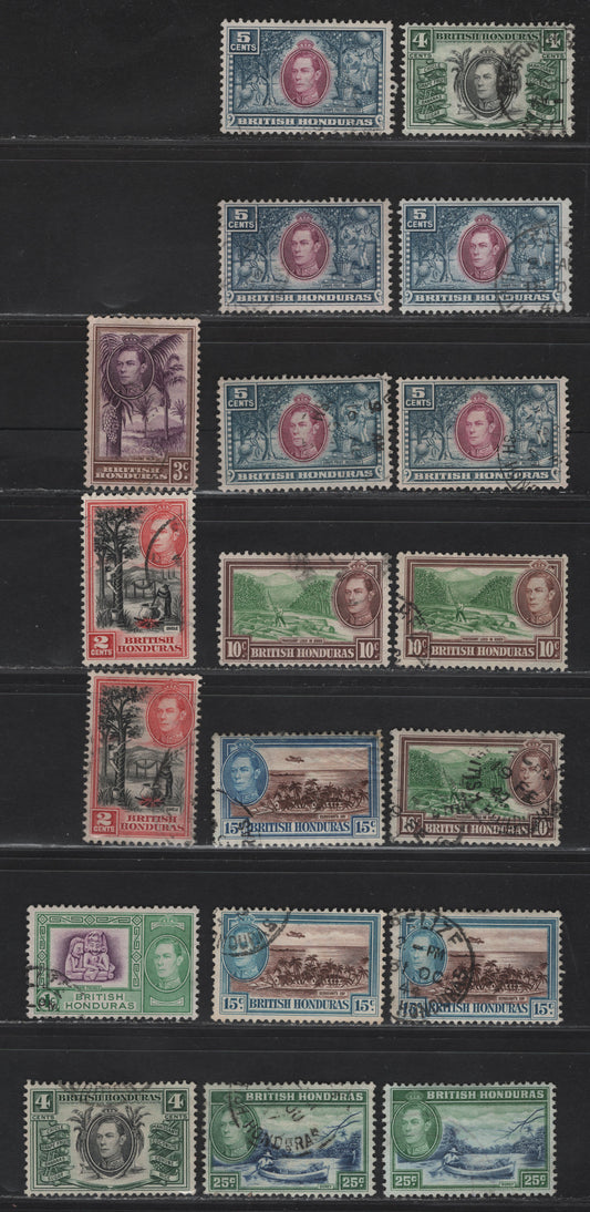 Lot 398 British Honduras SG#150-157 1c - 25c Bright Magenta & Green - Blue & Green Maya Figures - Dorey, 1938-1947 KGVI Pictorial Issue, 19 Fine/Very Fine Used Singles, Different Printings With Different Frame & Vignette Shades