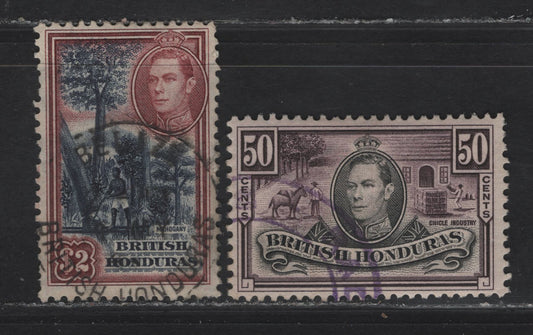 Lot 399 British Honduras SG#158, 160 50c - $2 Black & Purple - Blue & Maroon Chicle Industry - Mahagony Felling, 1938-1947 KGVI Pictorial Issue, 2 Fine Used Singles