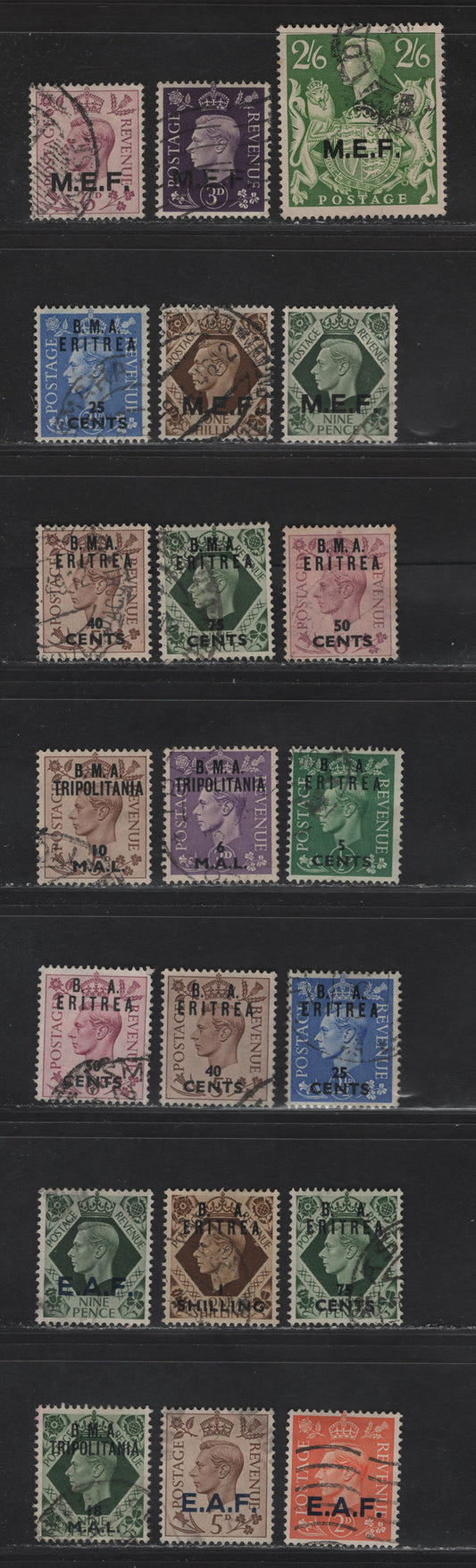 Lot 402 British Occupation of Italian Colonies SG#M14, M16-M19, E4, E6-E8. E13. E16. E18-E19, E22, E24, S2, S5, S7, T6-T7, T9 3d - 18l on 9d Pale Violet - Deep Olive Green King George VI , 1942-1950 Overprinted Issue, 21 Fine/Very Fine Used Singles
