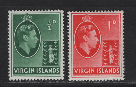 Lot 405 Virgin Islands SG#110a-111a 1/2d - 1d Green - Scarlet King George VI, 1938-1947 KGVI Photogravure Issue, 2 F/VFNH Singles, Ordinary Paper