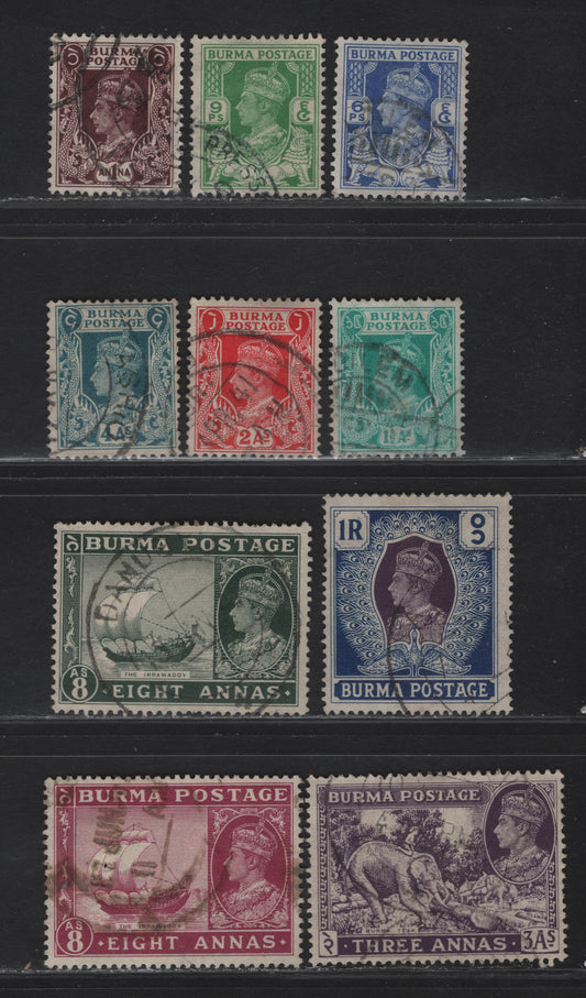 Lot 411 Burma SG#20-22, 24, 26, 28-30, 59 6p - 8a Bright Blue - maroon , 1938-1946 KGVI Issue, 10 Fine/Very Fine Used Singles