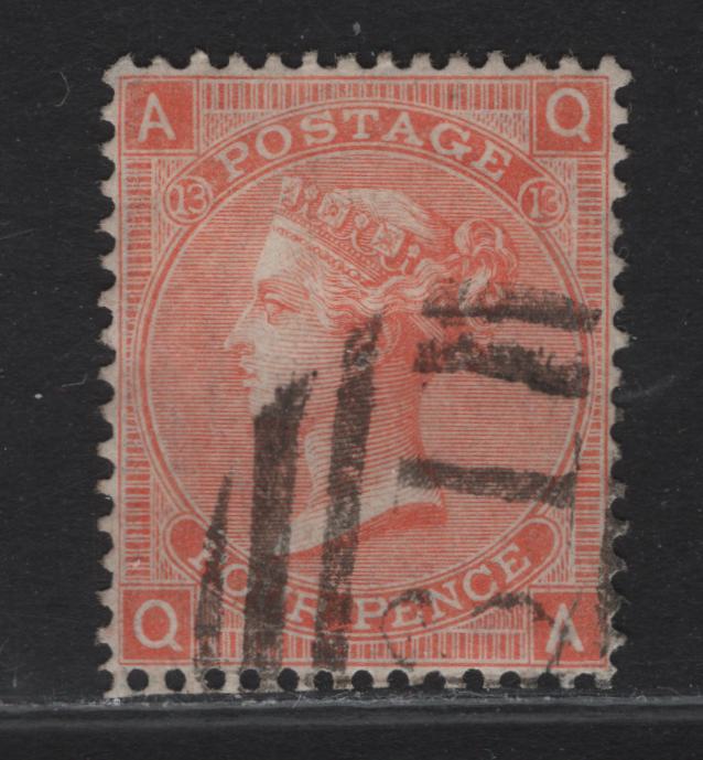 Lot 51 Great Britain SC#43 4d Vermillion Queen Victoria, 1865 Queen Victoria Issue, A Very Fine Used Single, Plate 13, Large White, Perfs Clear Of Design On All Sides.