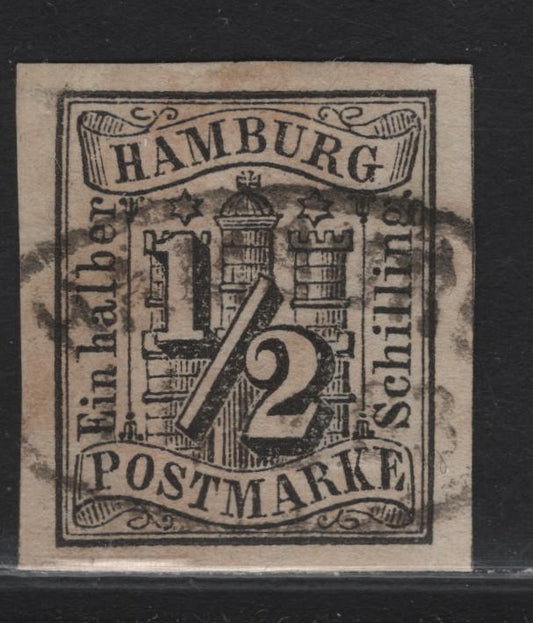 Lot 55 Hamburg SC#1 1/2s Black Numerals, 1859 Numeral on Arms Issue, An Extremely Fine Used Imperf Single, Jumbo Margin, Checked Thoroughly Against Forgery Guides And Has Been Found To Have All The Characteristics Of Being Genuine