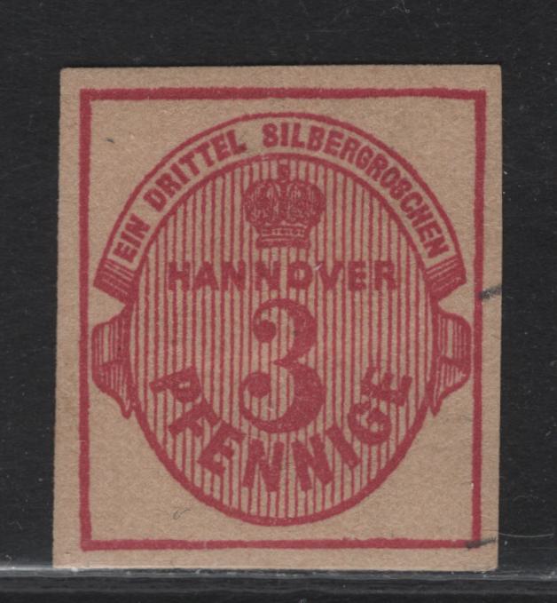 Lot 57 Hannover SC#16a 3pf Carmien Rose Numeral, 1859-1863 Numeral Issue, A VFOG Imperf Single, Without Network