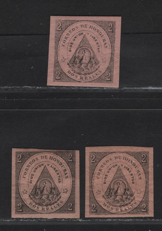 Lot 59 Honduras SC#2 2r Black on Pink Arms, 1865 Coat of Arms Issue, 3 VFOG Imperf Singles, Different Shades of Pink Paper