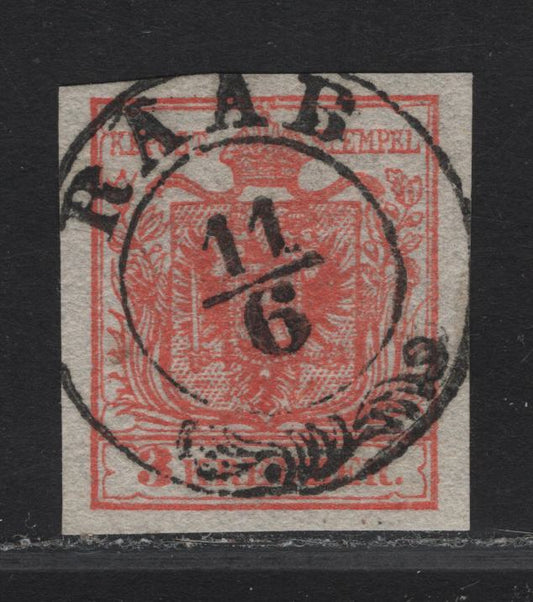 Lot 60 Hungary SC#3 (Austria) 3kr Red Arms, 1850 Arms Issue, A Very Fine Used Imperf Singles, RAAB Postmark Type IV
