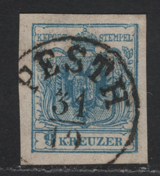 Lot 63 Hungary SC#5e (Austria) 9kr Blue Arms, 1854 Arms Issue, A Very Fine Used Imperf Singles, Type 3 Thick Machine Made Paper, SON Pesth Cancel