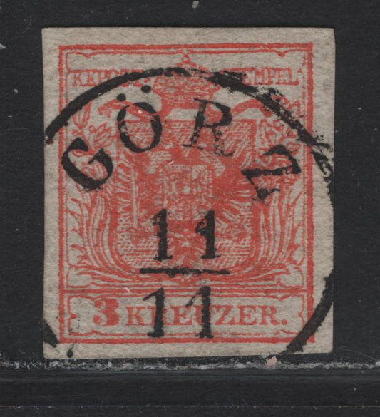 Lot 69 Italy SC#3 (Austria) 3kr Red Arms, 1850 Arms Issue, A Very Fine Used Imperf Single, SON Gorz Cancel, Type III