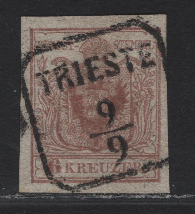 Lot 70 Italy SC#4e (Austria) 6kr Pale Reddish Brown Arms, 1850 Arms Issue, A Very Fine Used Imperf Single, SON Trieste Cancel, Thin Handmade Paper Tpye II