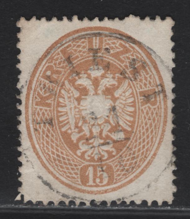 Lot 73 Italy SC#21 (Austria) 15kr Yellow Brown Arms, 1863 Embossed Arms Issue, A Very Fine Used Single, Trieste Cancel, Perf 14