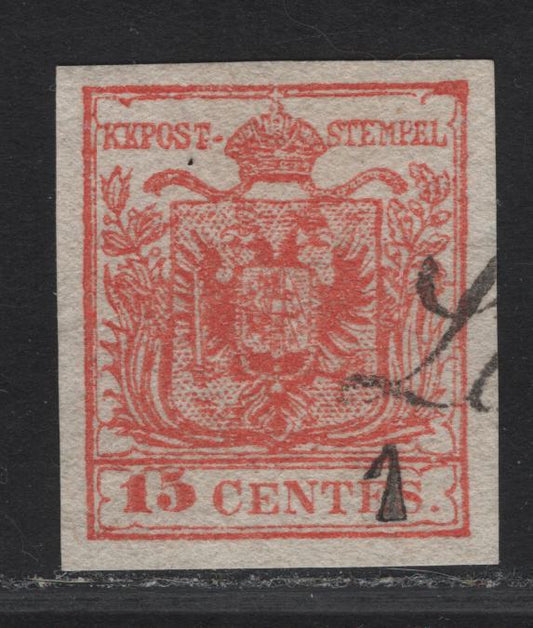 Lot 78 Lombardy Venetia SC#4 15c Red Arms, 1850 Arms Issue, A Very Fine Used Imperf Single, Handmade Paper Type III