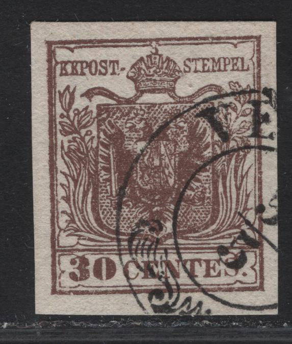 Lot 79 Lombardy Venetia SC#5e 30c Reddish Brown Arms, 1850 Arms Issue, A Very Fine Used Imperf Single, Type 1 Handmade Paper