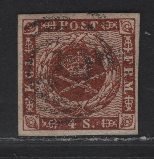 Lot 8 Denmark SC#7b 4s Brown Arms, 1858-1862 Arms Issue, A Very Fine Used Single, Wavy Lines, Wmk 112