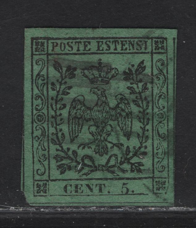 Lot 90 Modena SC#6 5c Black on Green Coat of Arms, 1852-1857 Coat of Arms Issue, A Very Fine Used Imperf Single, Period After Figure Of Value, Nearly Full Margins, Slightly Close At Lower Right.