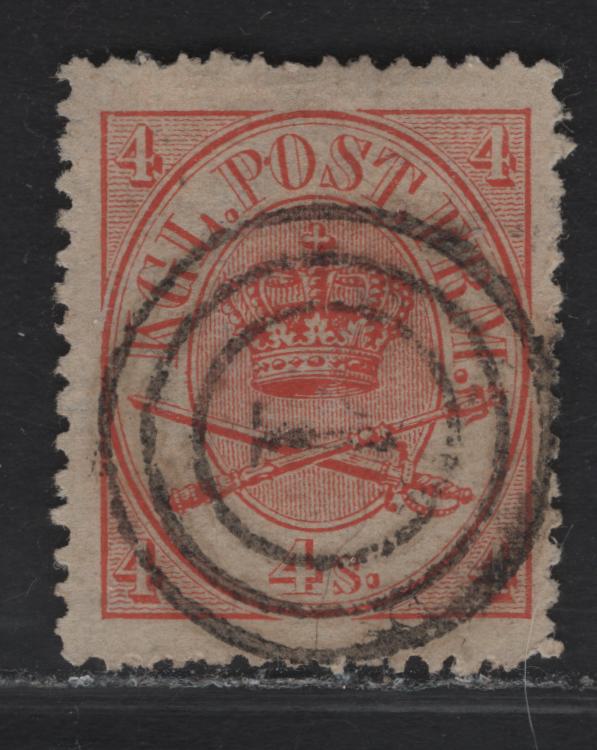 Lot 9 Denmark SC#13 4s Red Arms, 1864-1868 Arms Issue, A Very Fine Used Single, Perf 13, #1 Kjobenham Cancel, Excellent Centering For This Stamp.