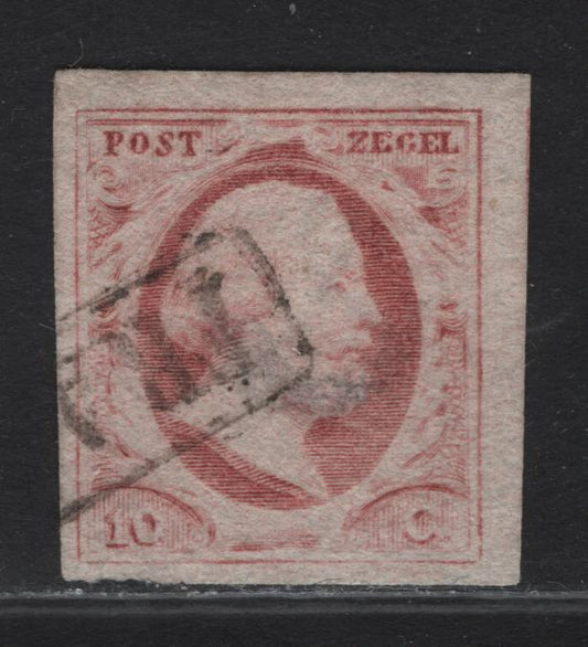 Lot 98 Netherlands SC#2d 10c Deep Rose Red King William III, 1852 King William III Issue, A Very Fine Used Imperf Single, Thin Paper, Large Margins On 2 Sides & Close Margins On 2 Sides
