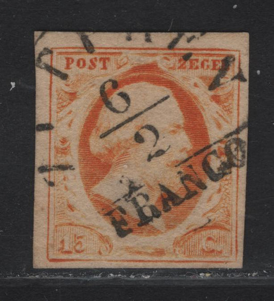 Lot 99 Netherlands SC#3 15c Orange Yellow King William III, 1852 King William III Issue, A Very Fine Used Imperf Single, 2 Close But Clear Margins & 2 Full Margins