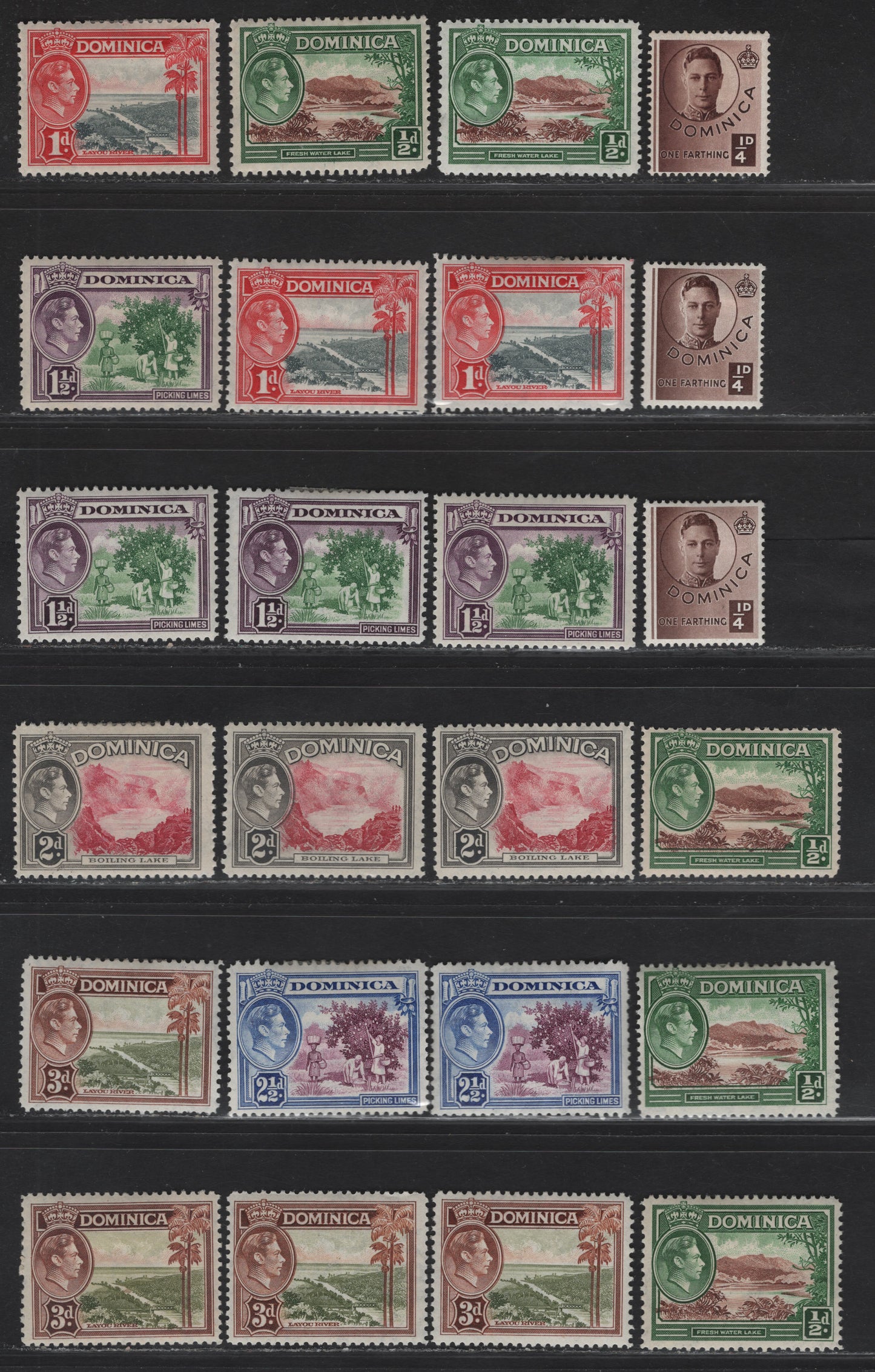 Lot 100 (C) Dominica SG#109-a, 99-103a, 104 1/4d - 3d Chocolate - Olive Green & Brown Fresh Water Lake - King George VI, 1938-1947 KGVI Issue, 24 F/VFOG Singles, Watlerlow Pictorial Issue, Various 1938, Wartime & Postwar Printings