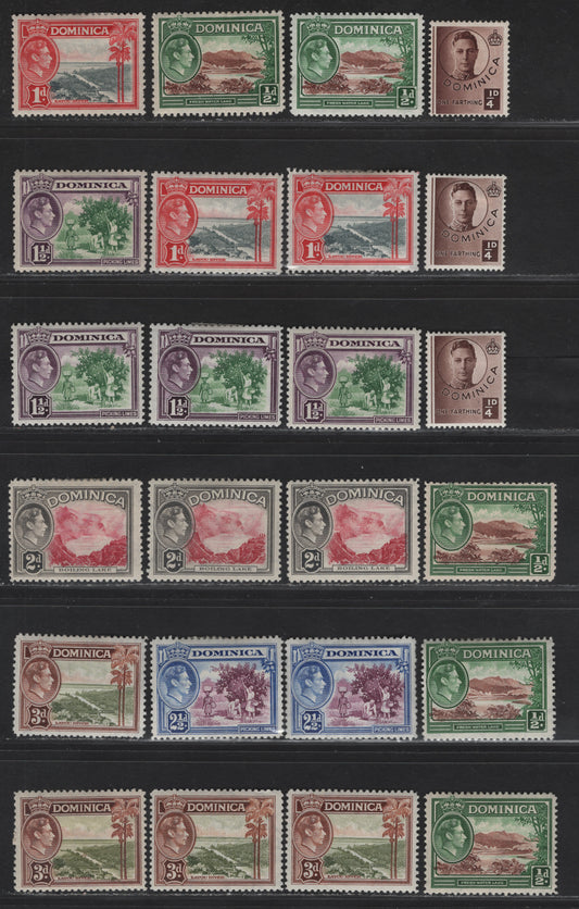 Lot 100 (C) Dominica SG#109-a, 99-103a, 104 1/4d - 3d Chocolate - Olive Green & Brown Fresh Water Lake - King George VI, 1938-1947 KGVI Issue, 24 F/VFOG Singles, Watlerlow Pictorial Issue, Various 1938, Wartime & Postwar Printings