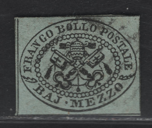 Lot 10 Roman States SC#1a 1/2baj Black on Gray Blue Papal Arms, 1852 Arms Issue, A Very Fine Used Single, 4 Full 1/2mm Margins All Around, Portion Of Diciding Lines Visible On All 4 Sides
