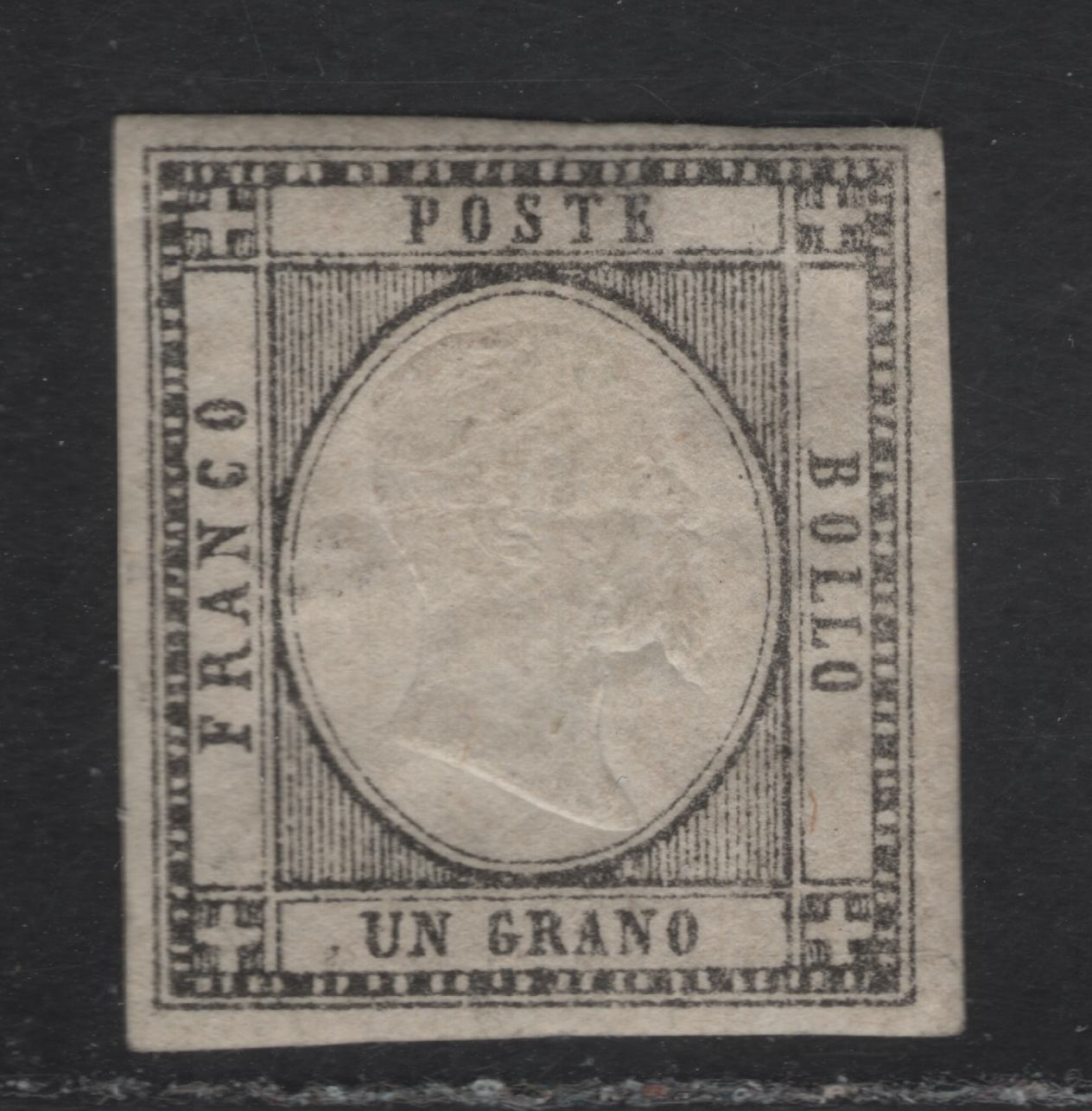 Lot 1 Neapolitan Provinces SC#21 1g Black King Victor Emmanuel II, 1861 King Victor Emmanuel II Issue, A VFOG Single, Narrow But Full Margins