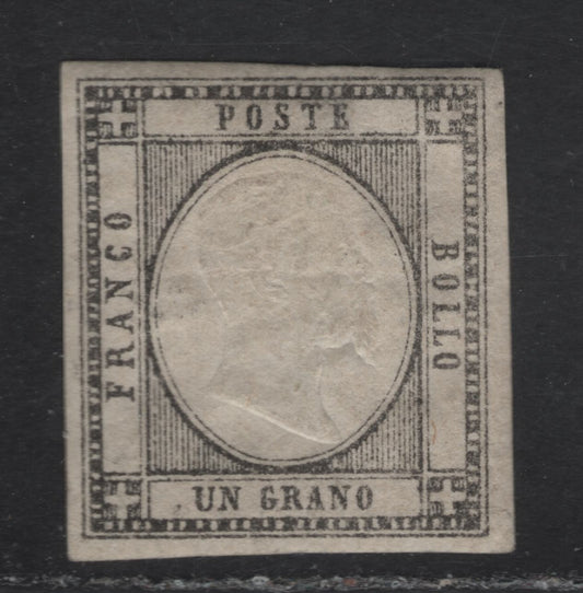 Lot 1 Neapolitan Provinces SC#21 1g Black King Victor Emmanuel II, 1861 King Victor Emmanuel II Issue, A VFOG Single, Narrow But Full Margins