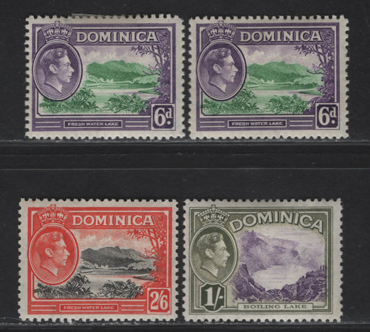 Lot 102 (C) Dominica SG#105-a, 107 1/- - 2/6 Emerald & Violet - Black & Vermillion Fresh Water Lake, 1938-1947 KGVI Issue, 4 F/VFOG Singles, 6d & 2/6 are 1938 Printings, Rest Are Wartime Printings