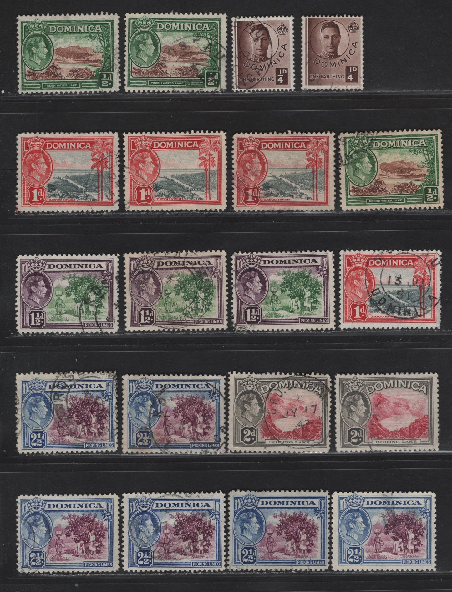 Lot 103 Dominica SG#109-a, 99-103a, 104 1/4d - 2.5d Chocolate - Purple & Bright Ultramarine Fresh Water Lake, 1938-1947 KGVI Pictorial Issue, 20 Fine/Very Fine Used Singles, Waterlow Pictorials, Different Printings With Different Frame & Vignette Shades