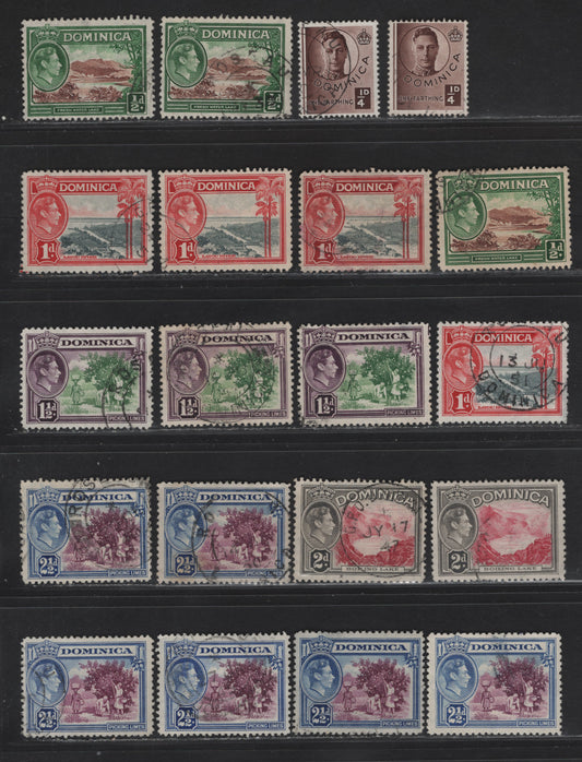 Lot 103 Dominica SG#109-a, 99-103a, 104 1/4d - 2.5d Chocolate - Purple & Bright Ultramarine Fresh Water Lake, 1938-1947 KGVI Pictorial Issue, 20 Fine/Very Fine Used Singles, Waterlow Pictorials, Different Printings With Different Frame & Vignette Shades