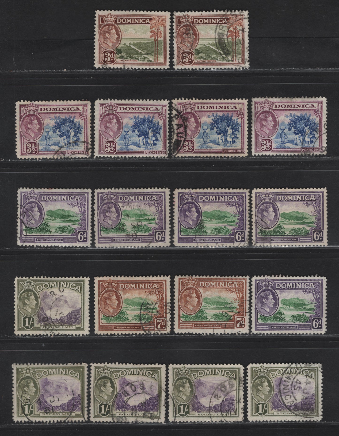 Lot 104 Dominica SG#104-a, 105-106 3d - 1/- Olive Green & Brown - Violet & Olive Green Layou River - Boiling Lake, 1938-1947 KGVI Pictorial Issue, 18 Fine/Very Fine Used Singles, A Selection Of Wartime & Postwar Printings, Showing Different Shades