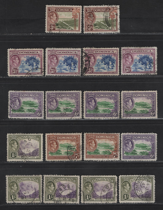 Lot 104 Dominica SG#104-a, 105-106 3d - 1/- Olive Green & Brown - Violet & Olive Green Layou River - Boiling Lake, 1938-1947 KGVI Pictorial Issue, 18 Fine/Very Fine Used Singles, A Selection Of Wartime & Postwar Printings, Showing Different Shades