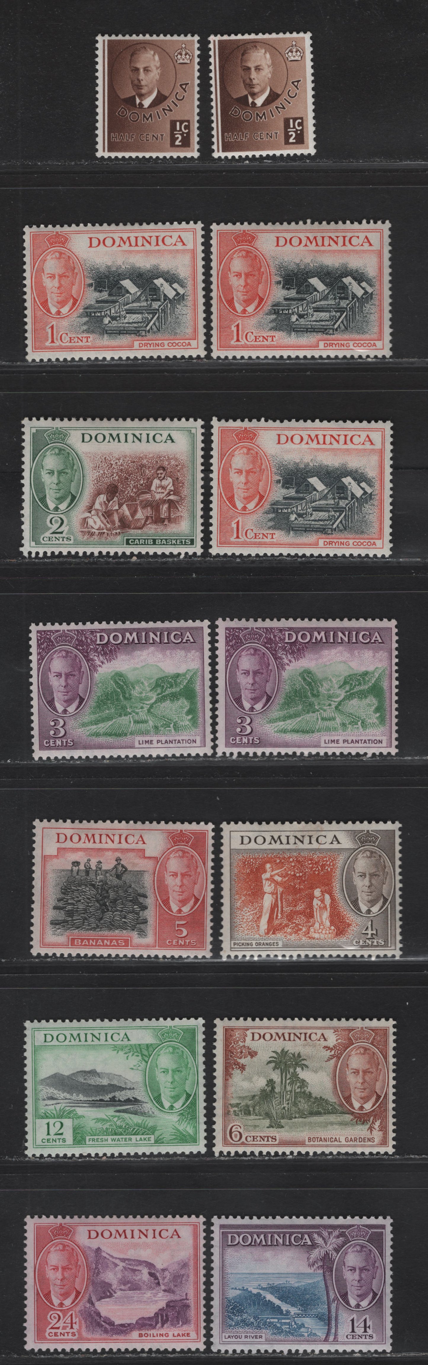 Lot 105 (C) Dominica SG#120-130 1/2c - 24c Chocolate - Reddish Violet & Rose Carmine King George VI - Boiling Lake, 1951 KGVI Pictorial Issue, 14 VFOG Singles, Different Shades Of Several Values, being 1951 & 1952 Printings