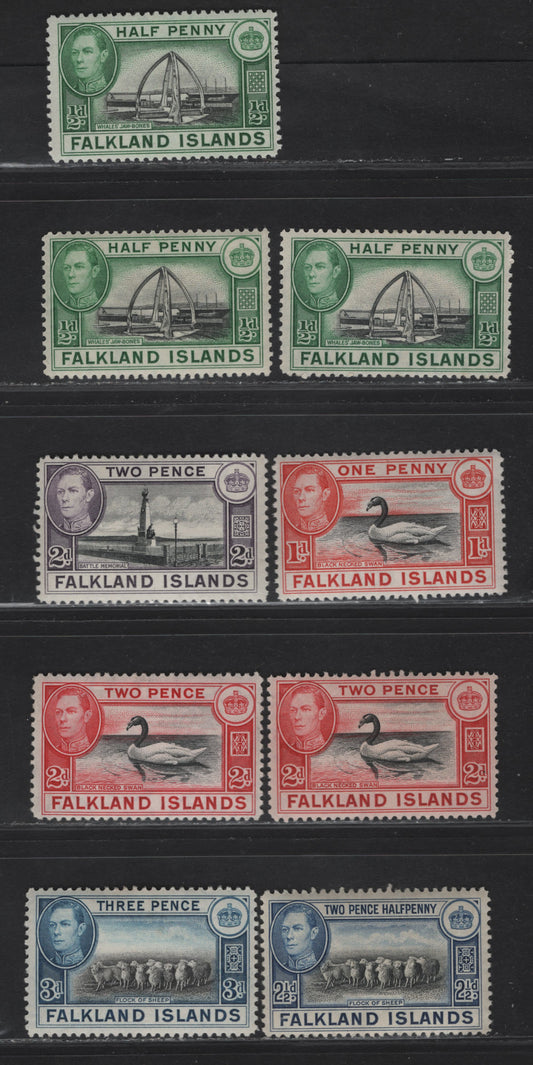 Lot 106 (C) Falkland Islands SG#146, 147a, 149-150a, 151, 153 1/2d - 3d Black & Blue Green - Black & Blue Whales Jawbones - Flock of Sheep, 1938-1950 KGVI Pictorial Issue, 9 F/VFOG/NH Singles, 1938 & 1944 Printings