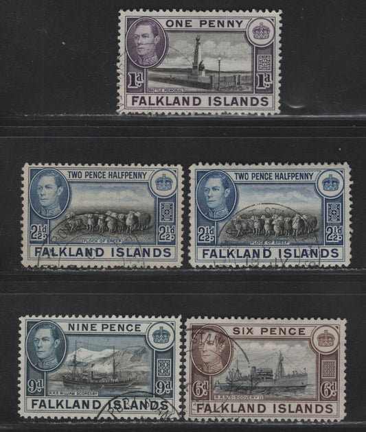 Lot 107 (C) Falkland Islands SG#148a, 151, 155, 157 1d - 9d Black & Purple Violet - Black & Gray Blue Battle Memorial - Willaim Scoresby, 1938-1950 KGVI Pictorial Issue, 5 Very Fine Used Singles