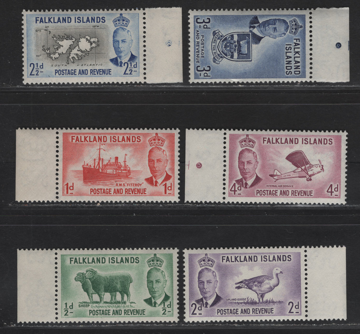 Lot 108 Falkland Islands SG#172-177 1/2d - 4d Green - Reddish Purple Sheep - Auster Autocrat Aircraft, 1952 KGVI Pictorial Issue, 6 VFNH Singles, Sheet Margin Singles, Showing Circle & T-Guide Marking On 2.5d, 3d & 4d