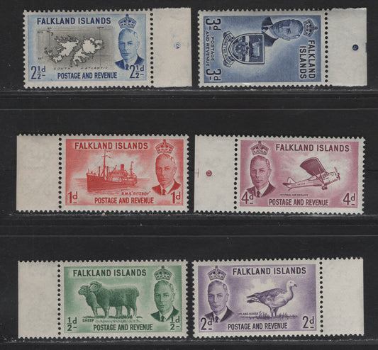 Lot 108 Falkland Islands SG#172-177 1/2d - 4d Green - Reddish Purple Sheep - Auster Autocrat Aircraft, 1952 KGVI Pictorial Issue, 6 VFNH Singles, Sheet Margin Singles, Showing Circle & T-Guide Marking On 2.5d, 3d & 4d