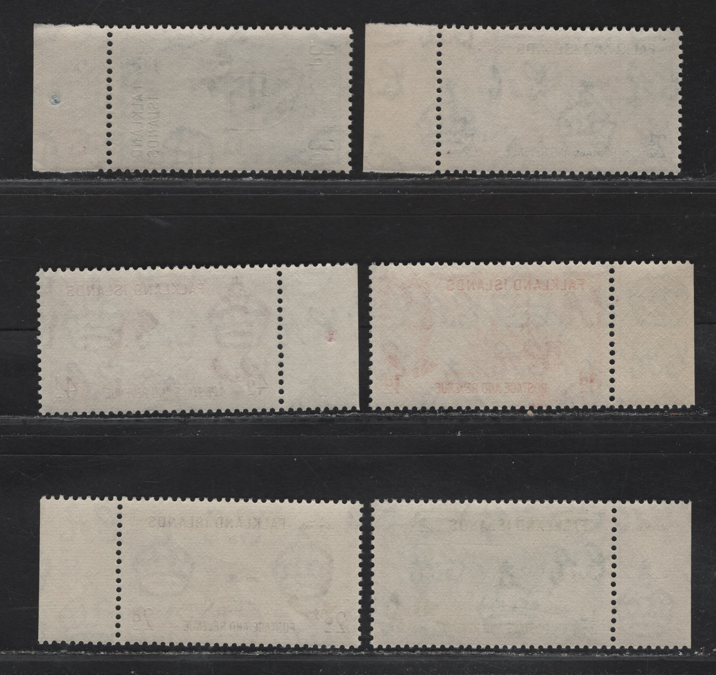 Lot 108 Falkland Islands SG#172-177 1/2d - 4d Green - Reddish Purple Sheep - Auster Autocrat Aircraft, 1952 KGVI Pictorial Issue, 6 VFNH Singles, Sheet Margin Singles, Showing Circle & T-Guide Marking On 2.5d, 3d & 4d