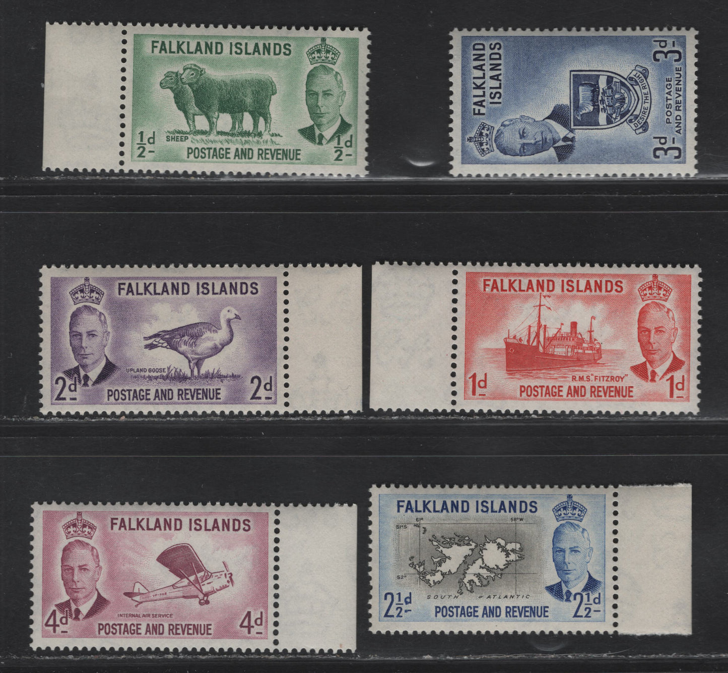 Lot 109 Falkland Islands SG#172-177 1/2d - 4d Green - Reddish Purple Sheep - Auster Autocrat Aircraft, 1952 KGVI Pictorial Issue, 6 F/VFNH Singles