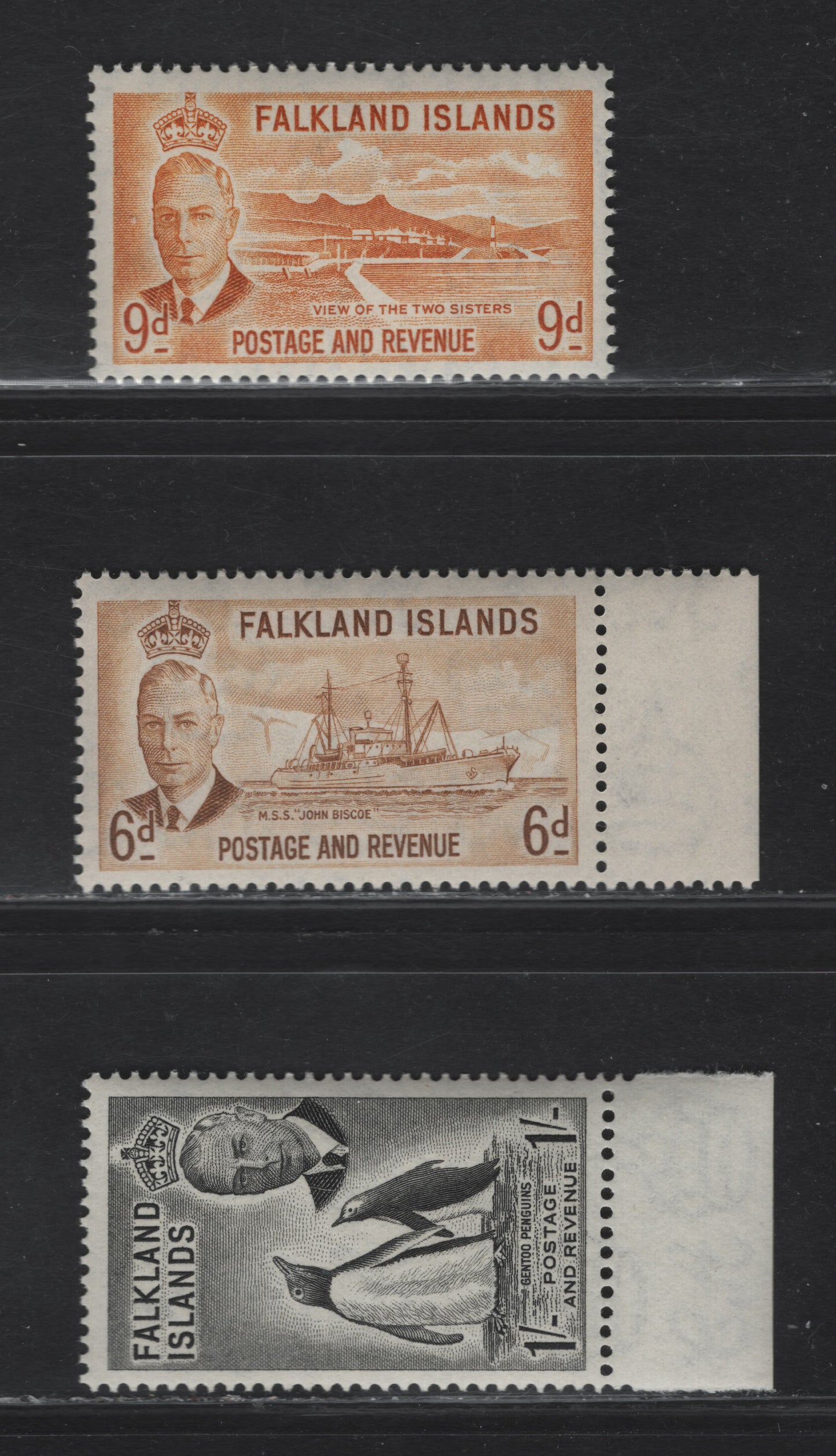 Lot 110 Falkland Islands SG#178-180 6d - 9d Bistre Brown - Orange Yellow & Black John Biscoe - Gentoo Penguins, 1952 KGVI Pictorial Issue, 3 VFNH Singles