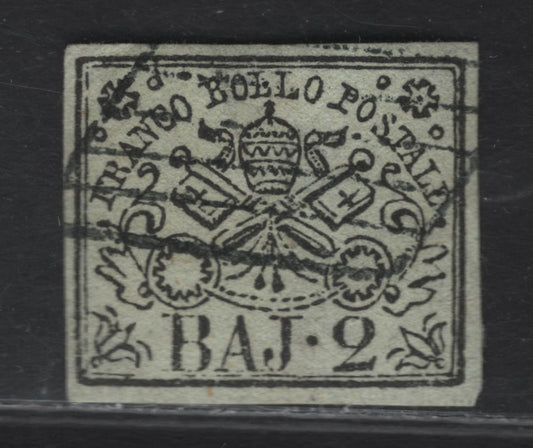Lot 11 Roman States SC#3 2baj Black on Greenish White Papal Arms, 1852 Arms Issue, A Very Fine Used Single, 1/2mm & 3/4mm Margins, Full At Bottom, Close On Rest