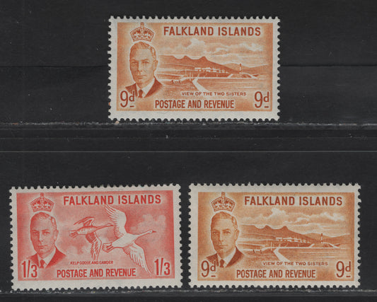 Lot 111 Falkland Islands SG#179, 181 9d - 1/3 Orange Yellow - Orange View of the Two Sisters - Kelp Goose & Gander, 1952 KGVI Pictorial Issue, 3 FOG/NH Singles, Two Sahades Of 9d, One Brighter Than Another