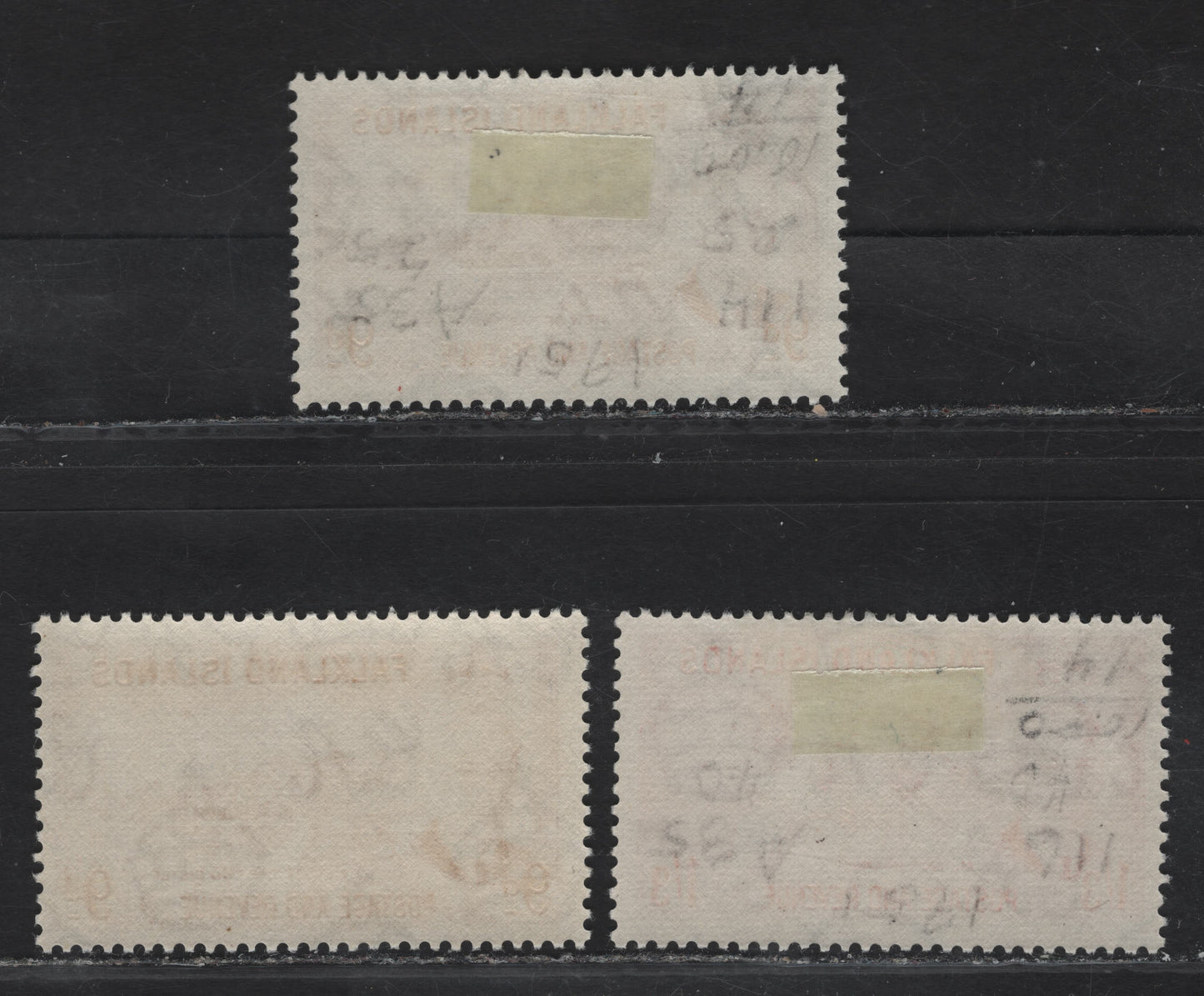 Lot 111 Falkland Islands SG#179, 181 9d - 1/3 Orange Yellow - Orange View of the Two Sisters - Kelp Goose & Gander, 1952 KGVI Pictorial Issue, 3 FOG/NH Singles, Two Sahades Of 9d, One Brighter Than Another