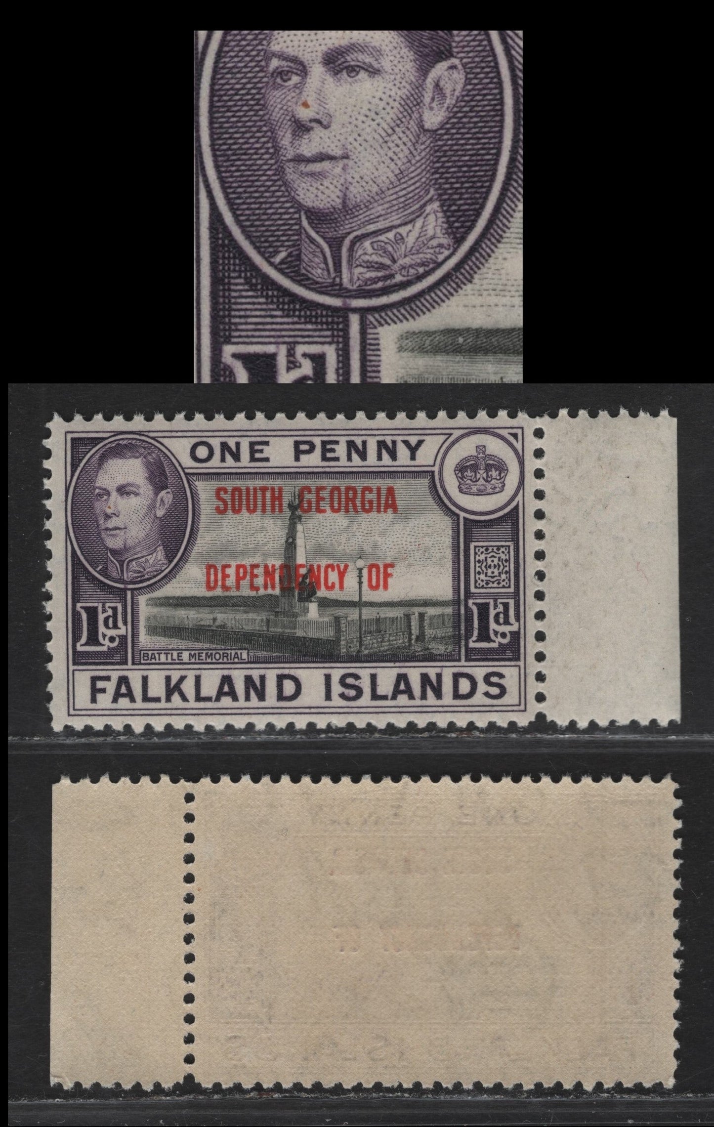 Lot 113 Falkland Islands Dependencies SG#B2var 1d Black & Violet Battle Memorial, 1944-1945 KGVI Pictorial Overprints, A VFNH Single, South Georgia, Showing Shaving Nick On Kings Face, Unlisted In Gibbons.