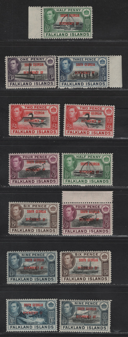 Lot 114 Falkland Islands Dependencies SG#B1-B8 1/2d - 1/- Black & Green - Deep Blue Whaltes Jawbone - Mount Sugar Top, 1944-1945 KGVI Pictorial Overprints, 13 VFNH Singles, South Georgia, Showing Shade Differences Due To Uses On 1944 & 1945 Printings