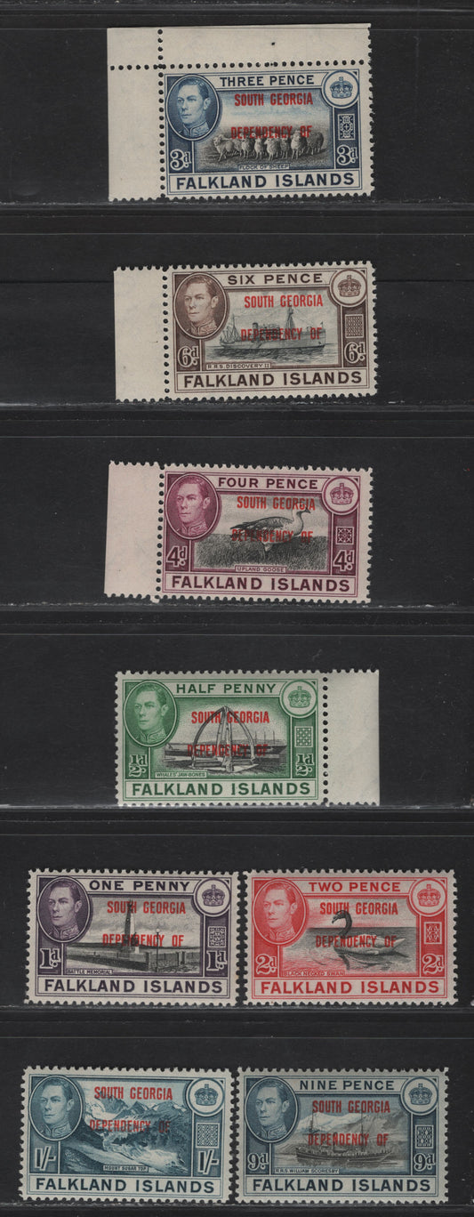 Lot 115 Falkland Islands Dependencies SG#B1-B8 1/2d - 1/- Black & Green - Deep Blue Whaltes Jawbone - Mount Sugar Top, 1944-1945 KGVI Pictorial Overprints, 8 F/VFNH Singles, South Georgia, Basic Set Of Overprints