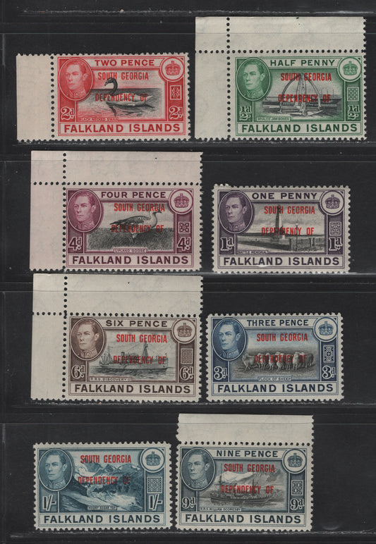 Lot 116 Falkland Islands Dependencies SG#B1-B8 1/2d - 1/- Black & Green - Deep Blue Whaltes Jawbone - Mount Sugar Top, 1944-1945 KGVI Pictorial Overprints, 8 FNH Singles, South Georgia, Similar To Lot 115 But Fine Centering