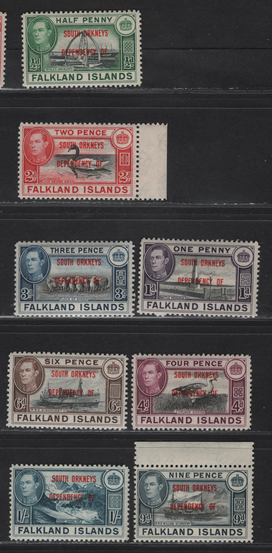 Lot 118 Falkland Islands Dependencies SG#C1-C8 1/2d - 1/- Black & Green - Deep Blue Whaltes Jawbone - Mount Sugar Top, 1944-1945 KGVI Pictorial Overprints, 8 F/VFNH Singles, South Orkneys, Basic Set Of Overprints, All VF Except 9d.